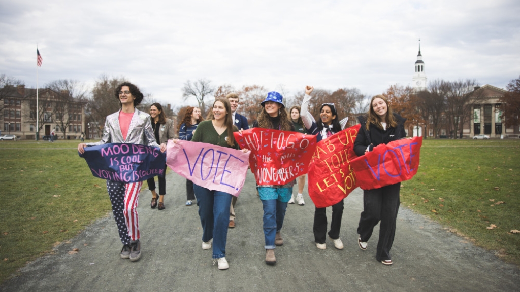 Students walking across the Green on Election Day